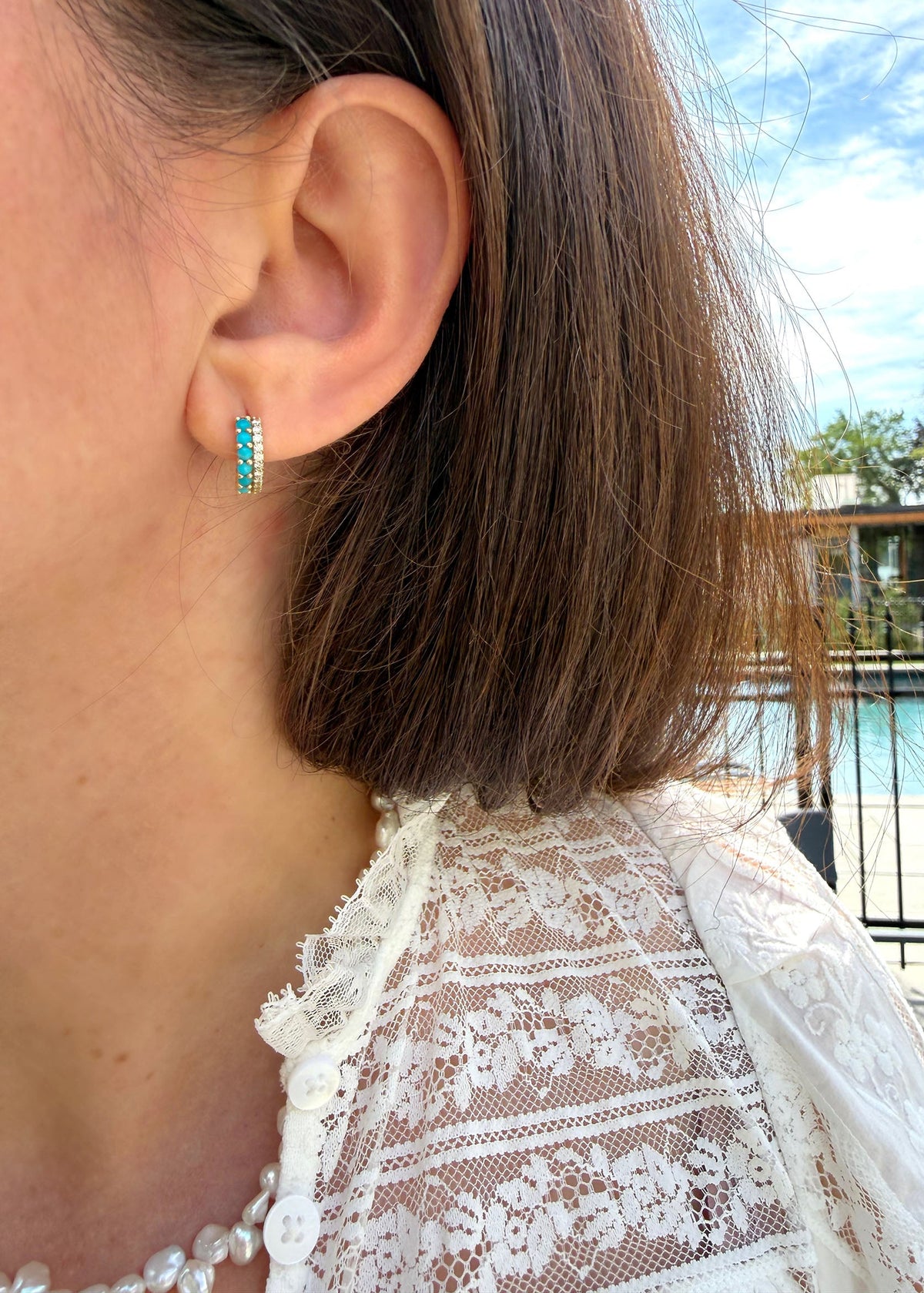 Diamond Turquoise Huggies - 14k Gold